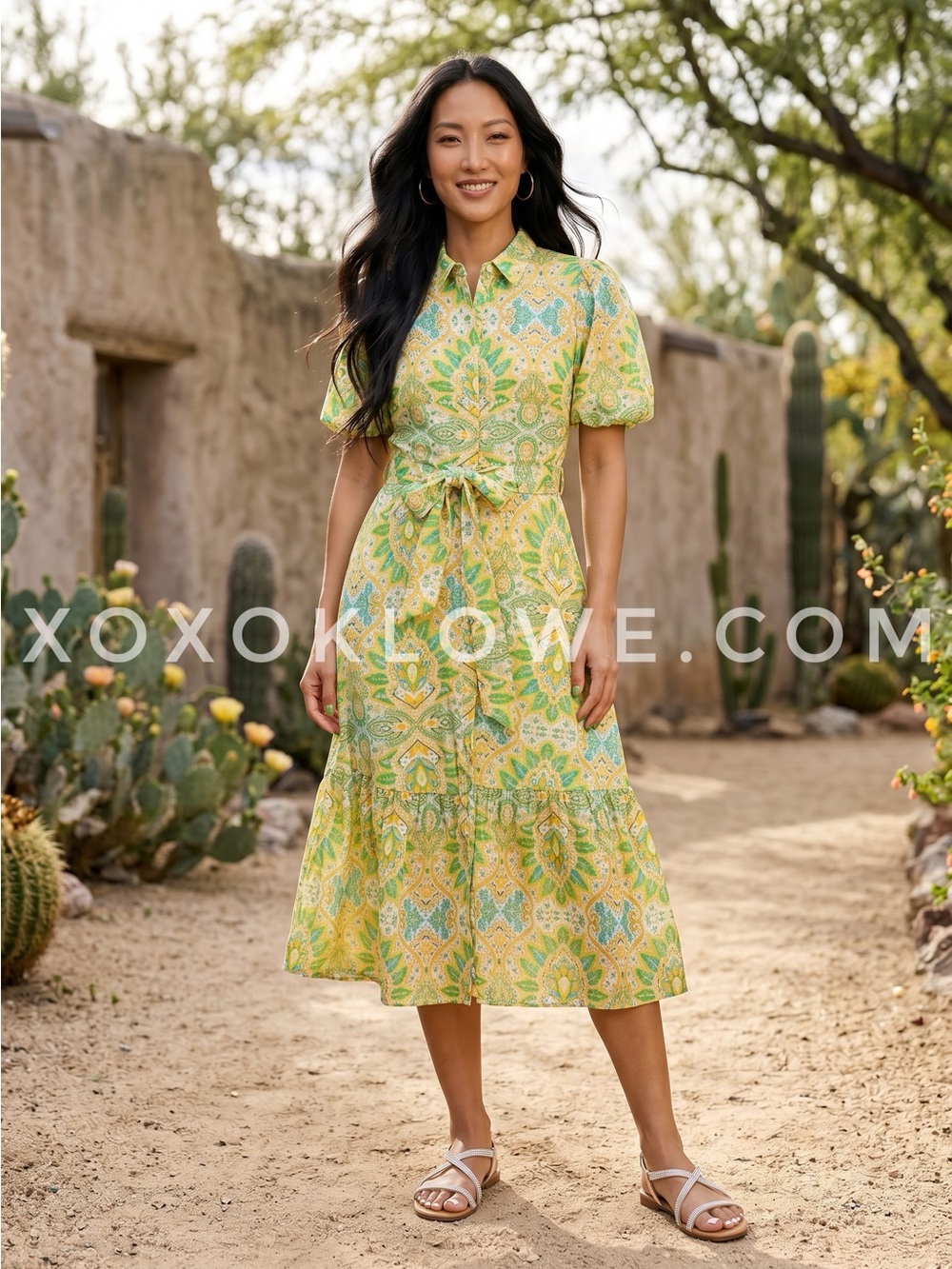 Green Floral Paisley Medallion Midi Shirt Dress | Tie Waist Puff Sleeve